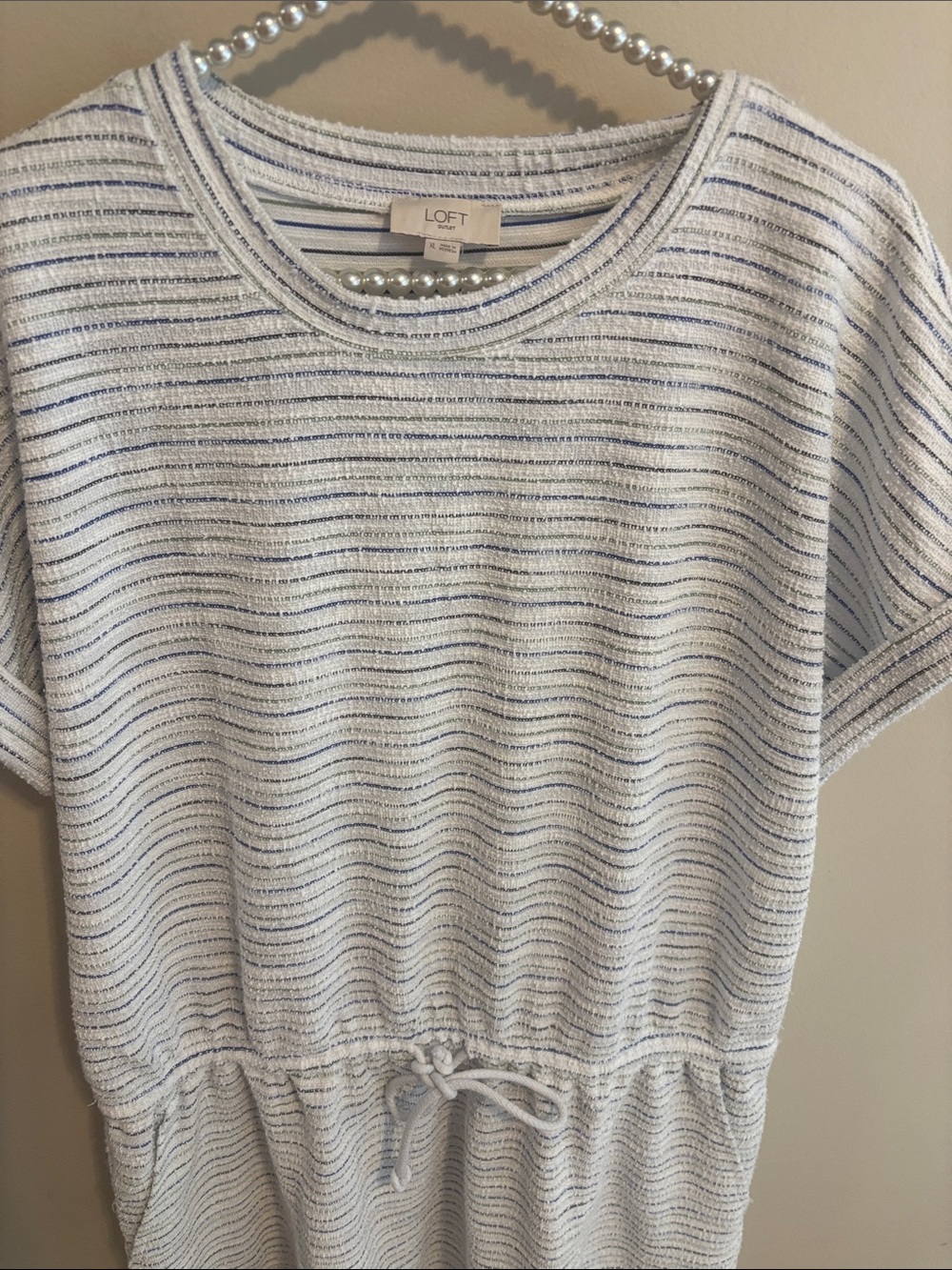 LOFT White Striped Short Sleeve Drawstring Dress size xl - Picture 2 of 6